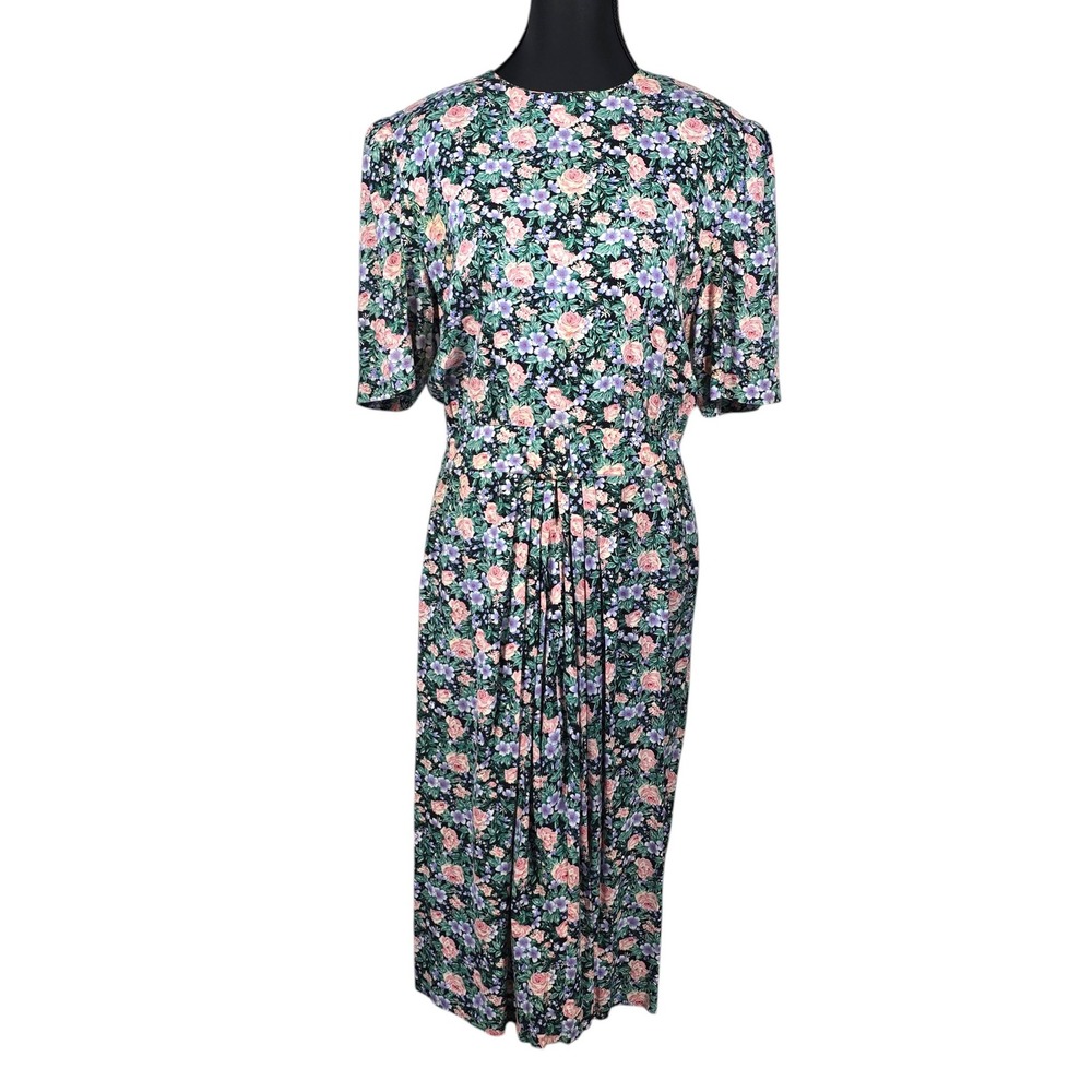 Karin Stevens Vintage 90s Floral Milkmaid Midi Dress Black Pink Purple Woman 14